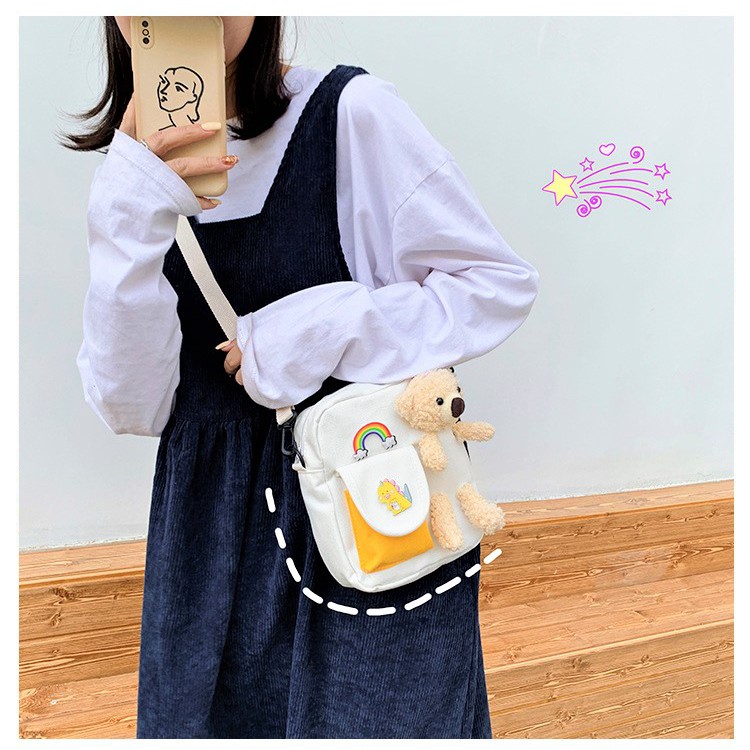 [TUIVAI07] Túi vải canvas vuông đeo chéo nữ,kèm gấu nhỏ