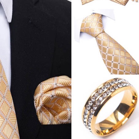 Bộ Cà vạt 4 món gồm Cavat 8cm, khăn cài túi, Măng-set, Nhẫn tròn phụ kiện, Cravat chú rể, Calavat công sở CBC-8215