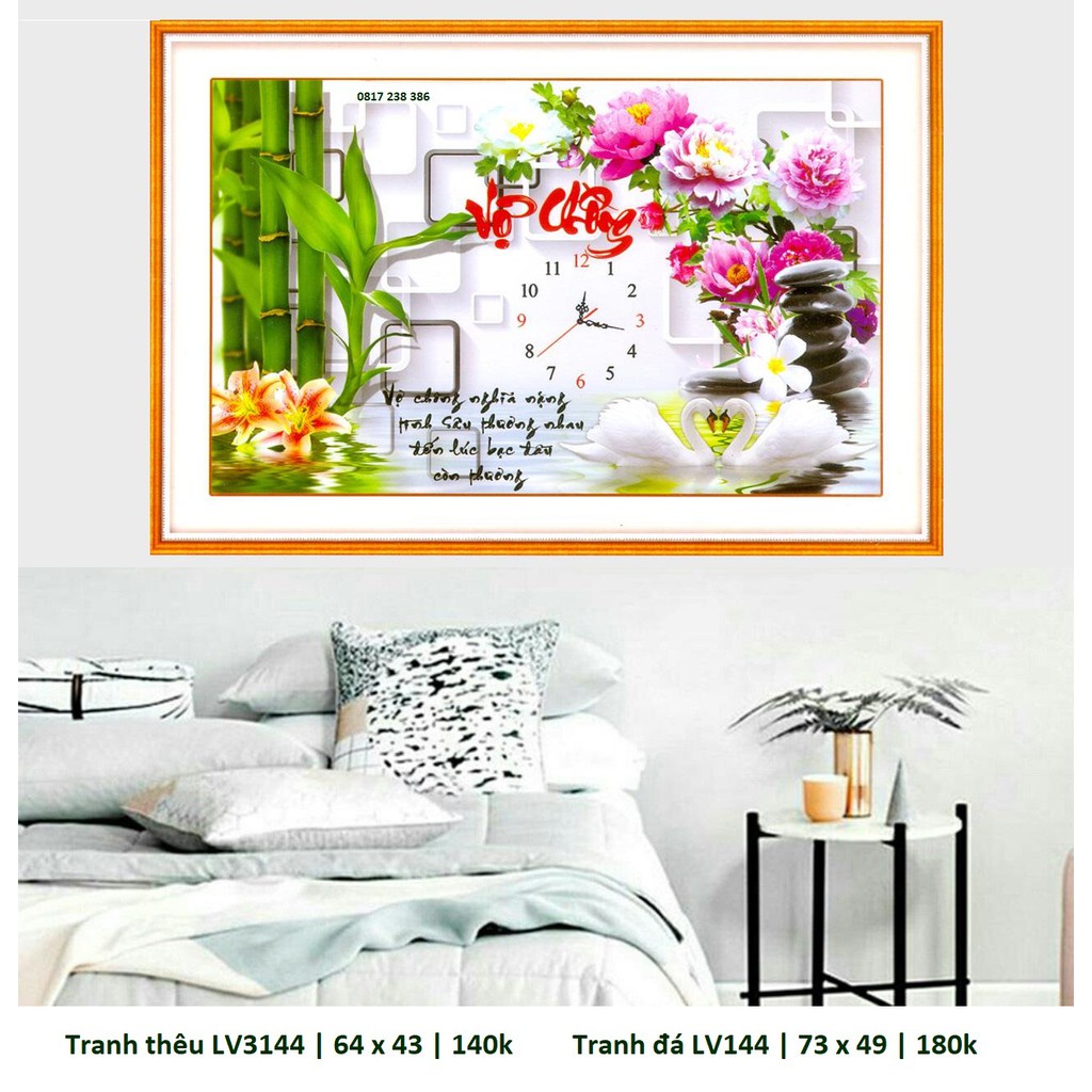 Tranh thêu đồng hồ vợ chồng KT:64x43cm,tranh chưa thêu.Tặng kéo và xỏ chỉ.