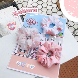 Scrunchies cột tóc hoa anh đào vải dày dặn