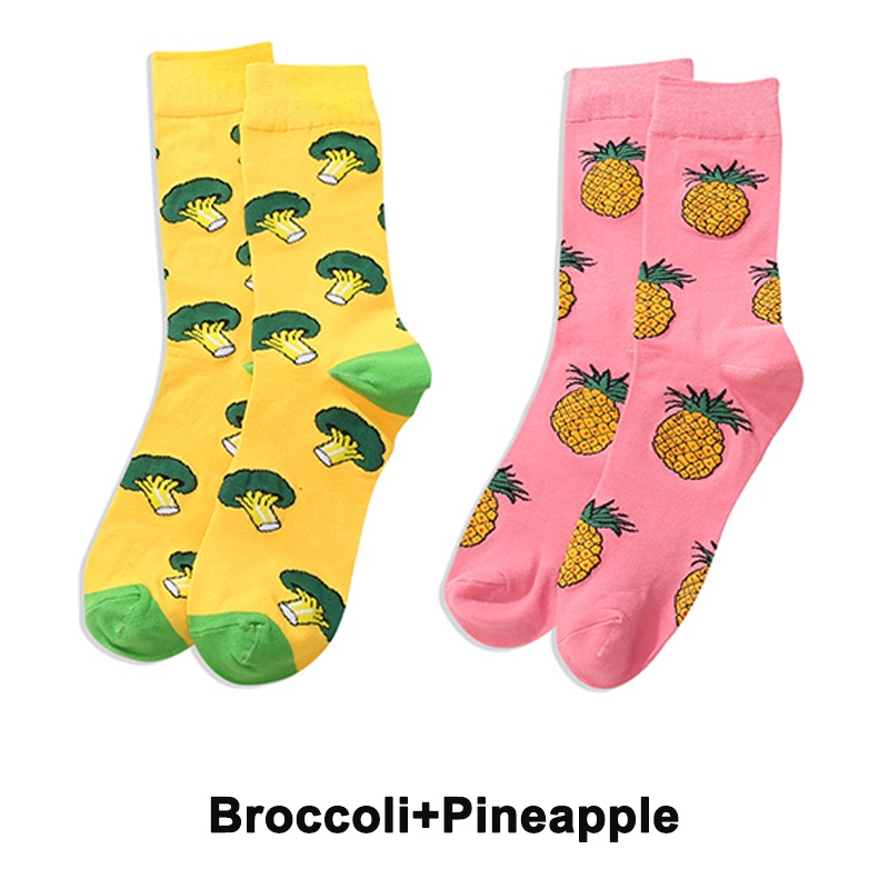 Bộ 2 Đôi Tất Dài Trung Bình Co Giãn In Hình Trái Cây Động Vật Nhiều Màu Sắc Cho Nữ