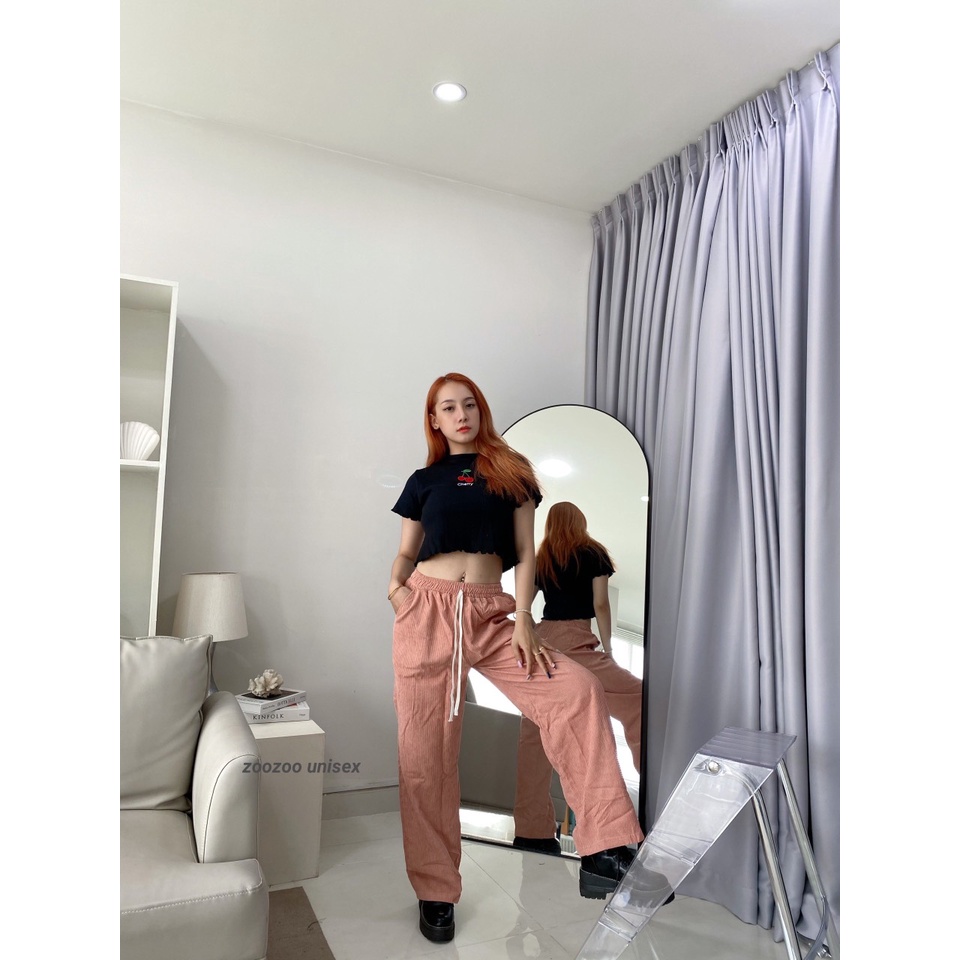 Quần nhung tăm ống rộng nữ lưng cao 3 màu đen hồng kem dài 100cm suông phong cách Hàn Quốc hot trend ZoZo_UNISEX