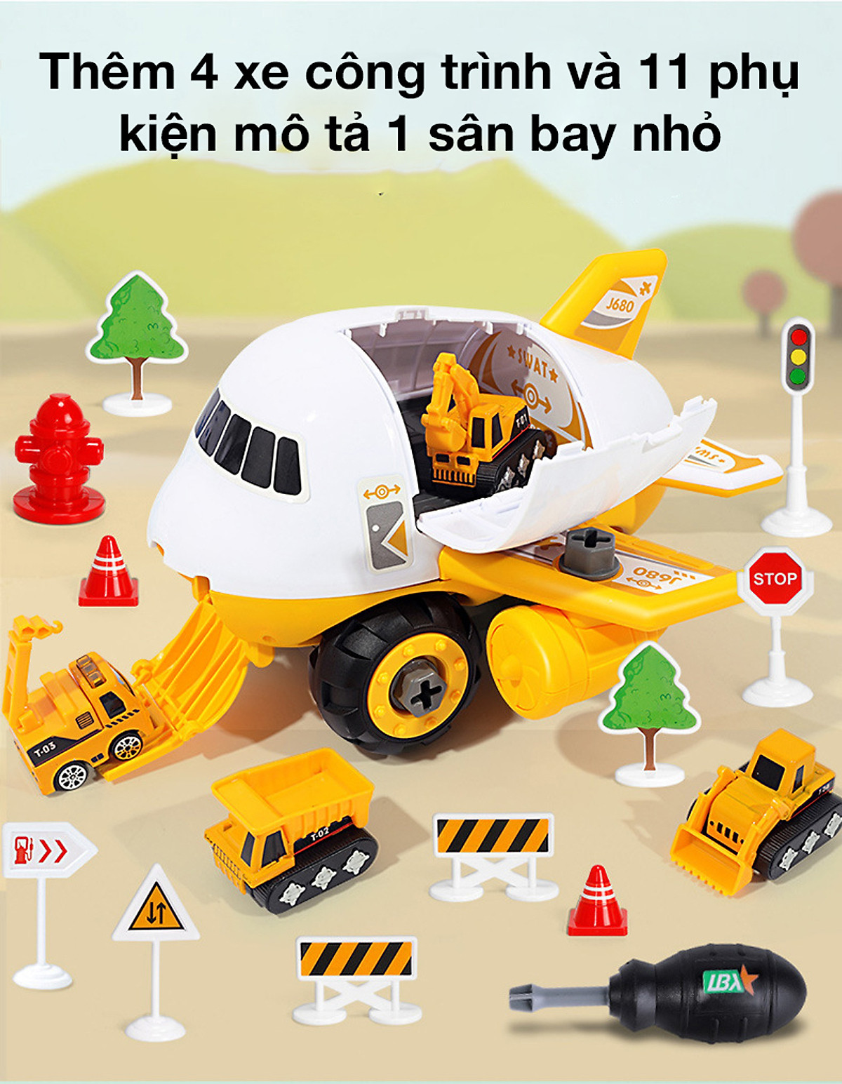 Mua ngay Đồ chơi máy bay lắp ráp KAVY 269-19 kèm 4 xe công trình có tua vít biển bảo rèn luyện kĩ năng thực hành cho bé