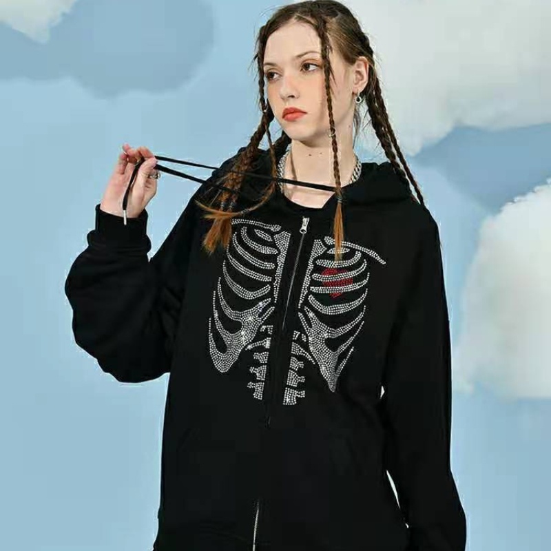 Áo Khoác Hoodie In Hình Bộ Xương Y2K 90s Phối Khóa Kéo Thời Trang Mùa Đông Cho Nữ