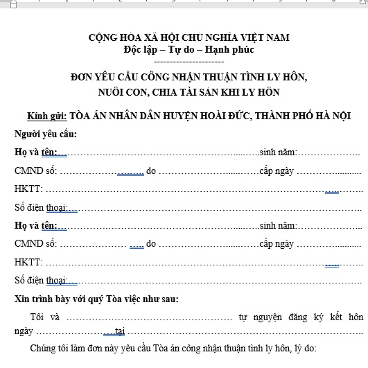 Mẫu đơn ly hôn thuận tình Toà án nhân dân huyện Hoài Đức, Hà Nội + Bản hướng dẫn viết đơn ly hôn, hồ sơ ly hôn