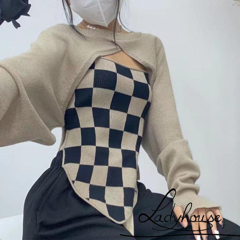 Áo hai dây dài tay họa tiết caro màu sắc đơn giản cho nữ