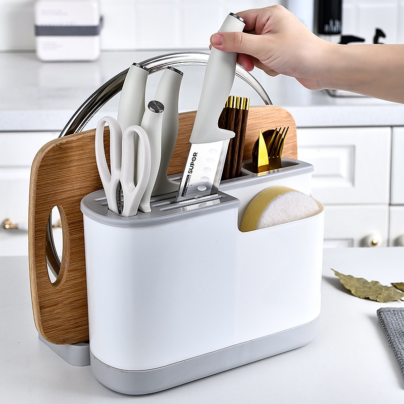 Ống đựng đũa muỗm , kệ gắm dao, giá úp nắp vung nồi hộp nhựa có khay để thớt hứng nước thông minh