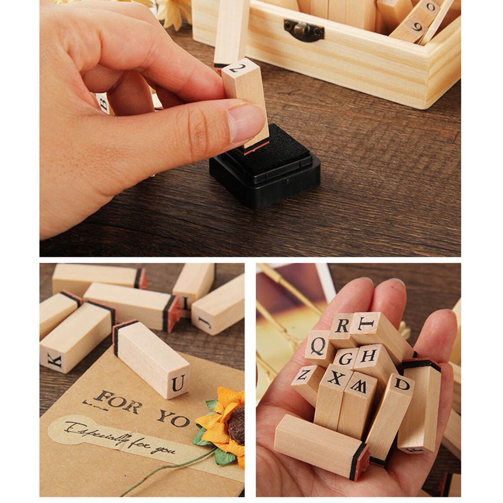 Set 36 con dấu gỗ khắc chữ cái + hộp mực