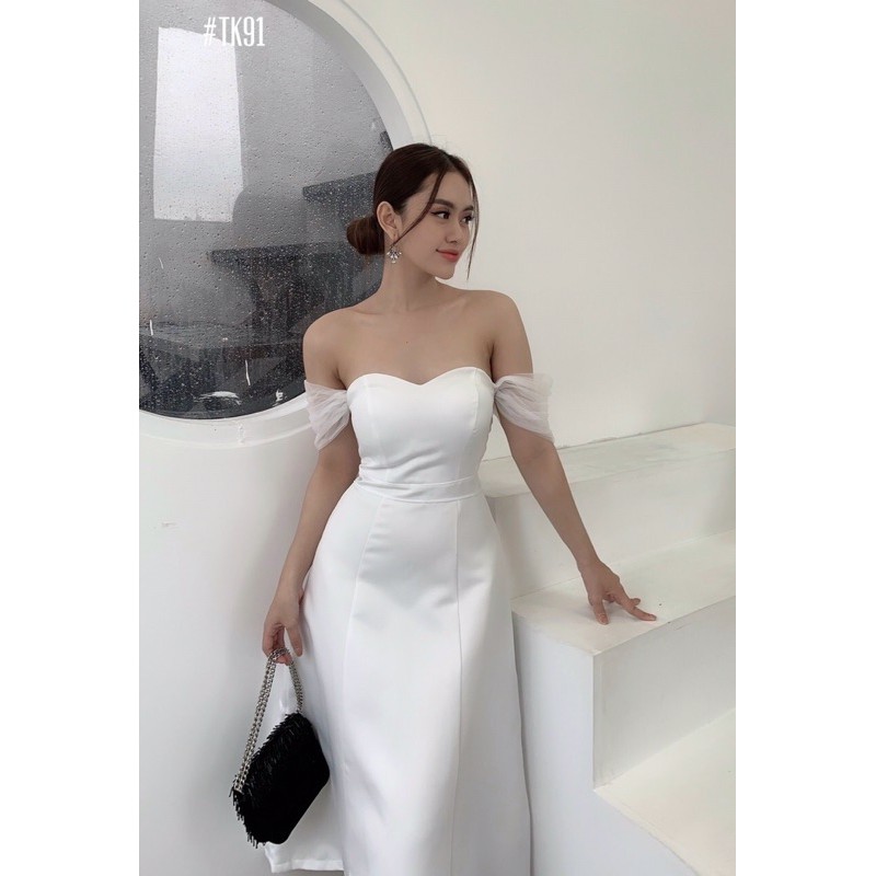 Đầm dự tiệc trắng trễ vai phi phối lưới | BigBuy360 - bigbuy360.vn