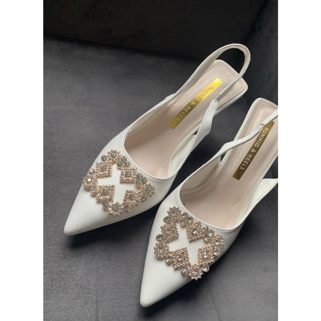 Giày sandal nữ, giày cao gót mũi nhọn chất da phốt với đá quai thun đế 5p đi êm chân -K2