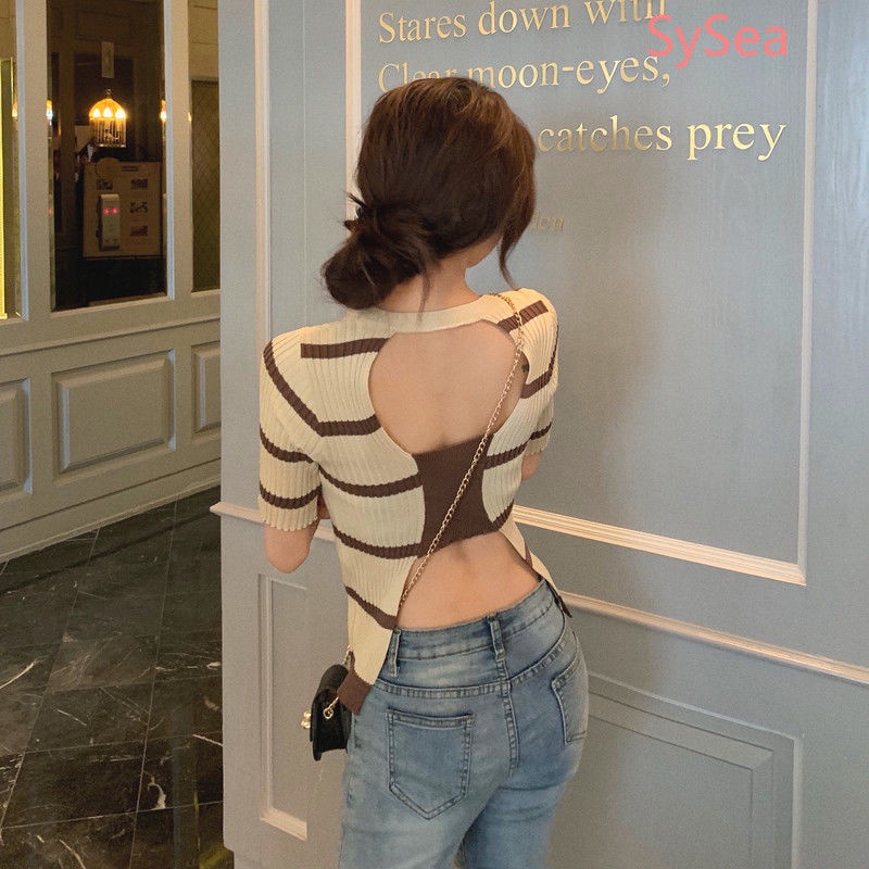 Áo Dệt Kim Hở Lưng Kẻ Sọc Thời Trang Mùa Hè Cho Nữ