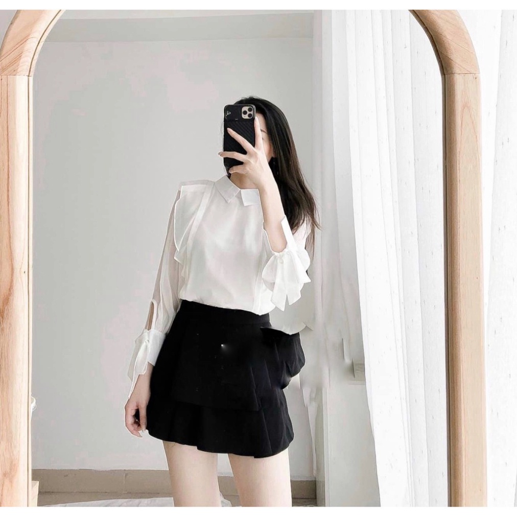 (Chuẩn) Áo sơ mi tơ bèo vai cổ đức tay thắt nơ - áo sơ mi công sở nữ (ảnh thật)