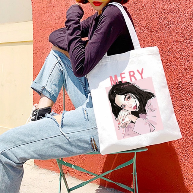 Túi Tote Vải Cotton Cao Cấp Vẽ Màu Graffiti Hoạ Tiết Cô Gái - Túi Vải Mery Hàng Cao Cấp TVMR20