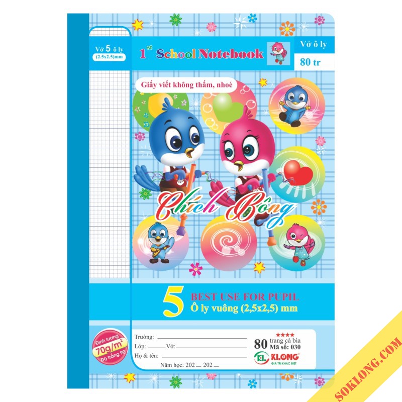 Vở ô ly 80 trang B5 Klong Chích Bông MS 030 giấy ghim tập vở ô vuông viết bài dễ thương SOKLONG