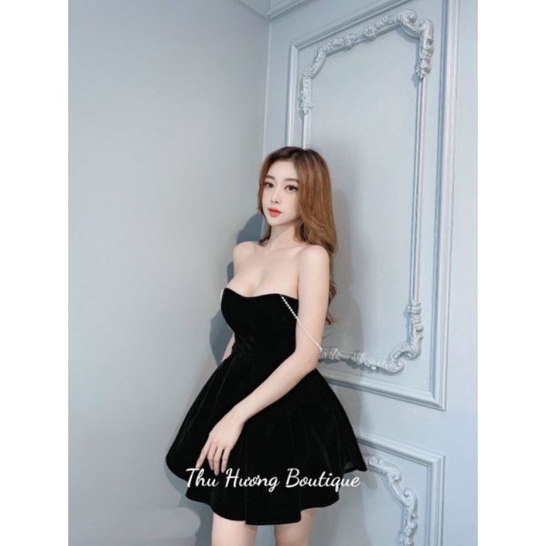 Váy Nhung xoè  cúp tim phối nơ trắng dây Ngọc