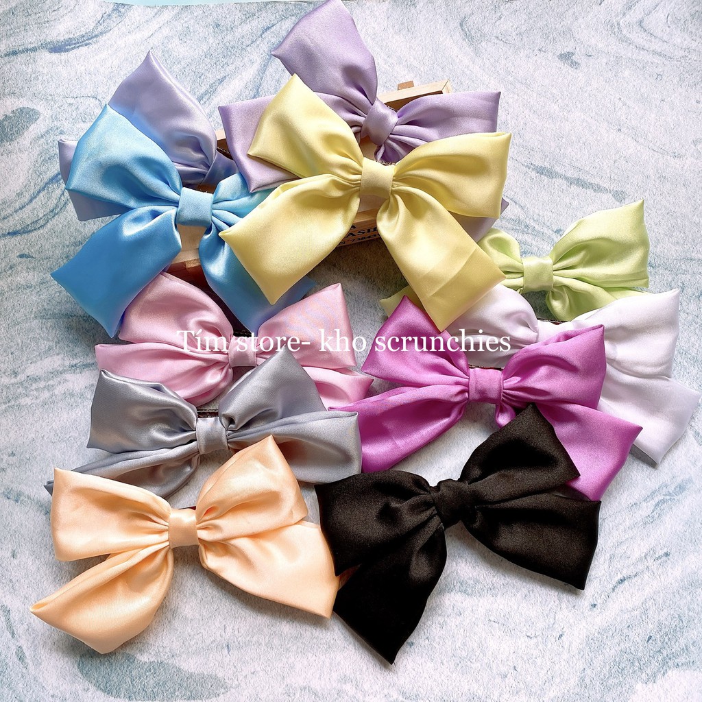 SET 2 MÓN PHỤ KIỆN KẸP TÓC NƠ, SCRUNCHIES,  VẢI SATIN BÓNG THỜI TRANG, NHIỀU MÀU, PHỤ KIỆN TÓC HÀN ULZZANG