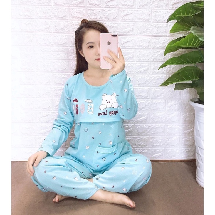 Đồ bộ bầu và sau sinh dài Tay BIG SIZE GẤU vén ngực mặc nhà và cho con bú chất coton đẹp