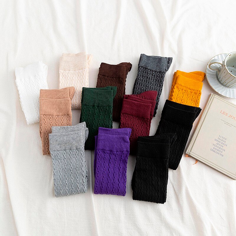 Vớ dài cao đến đầu gối vải cotton dệt kim giữ ấm chân trơn màu