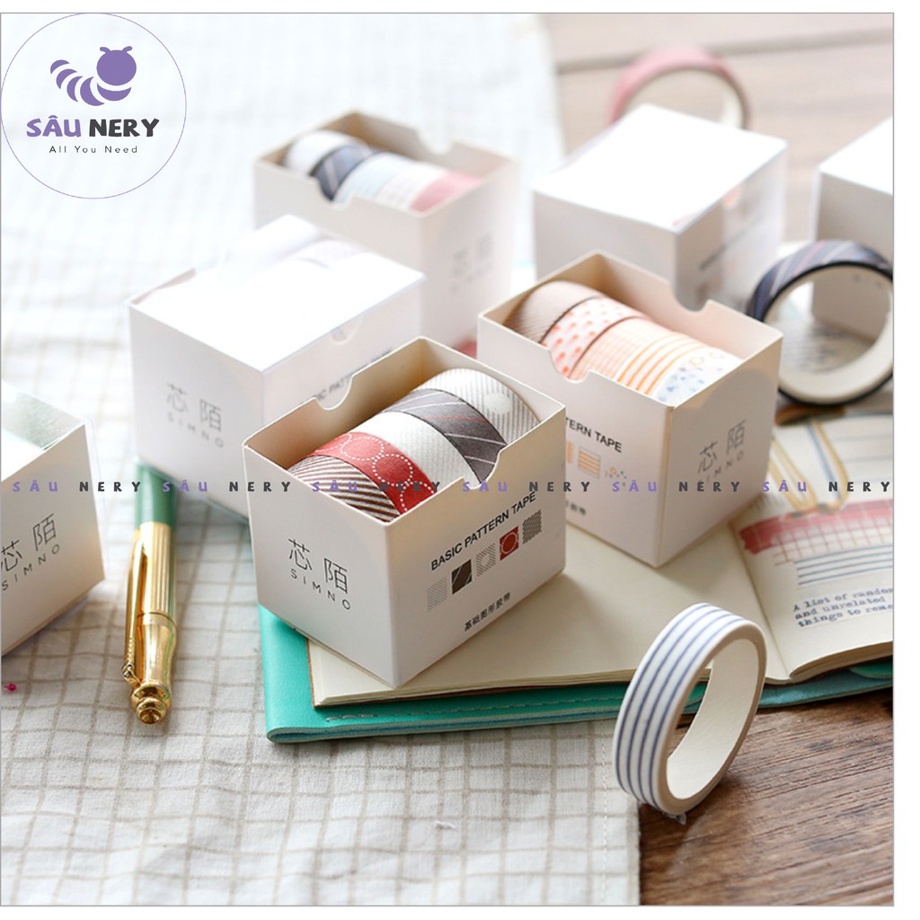 [SALE XẢ HÀNG] Sâu Nery - SN49 - Set 5 cuộn băng keo trang trí Washi Tape_SIMNO