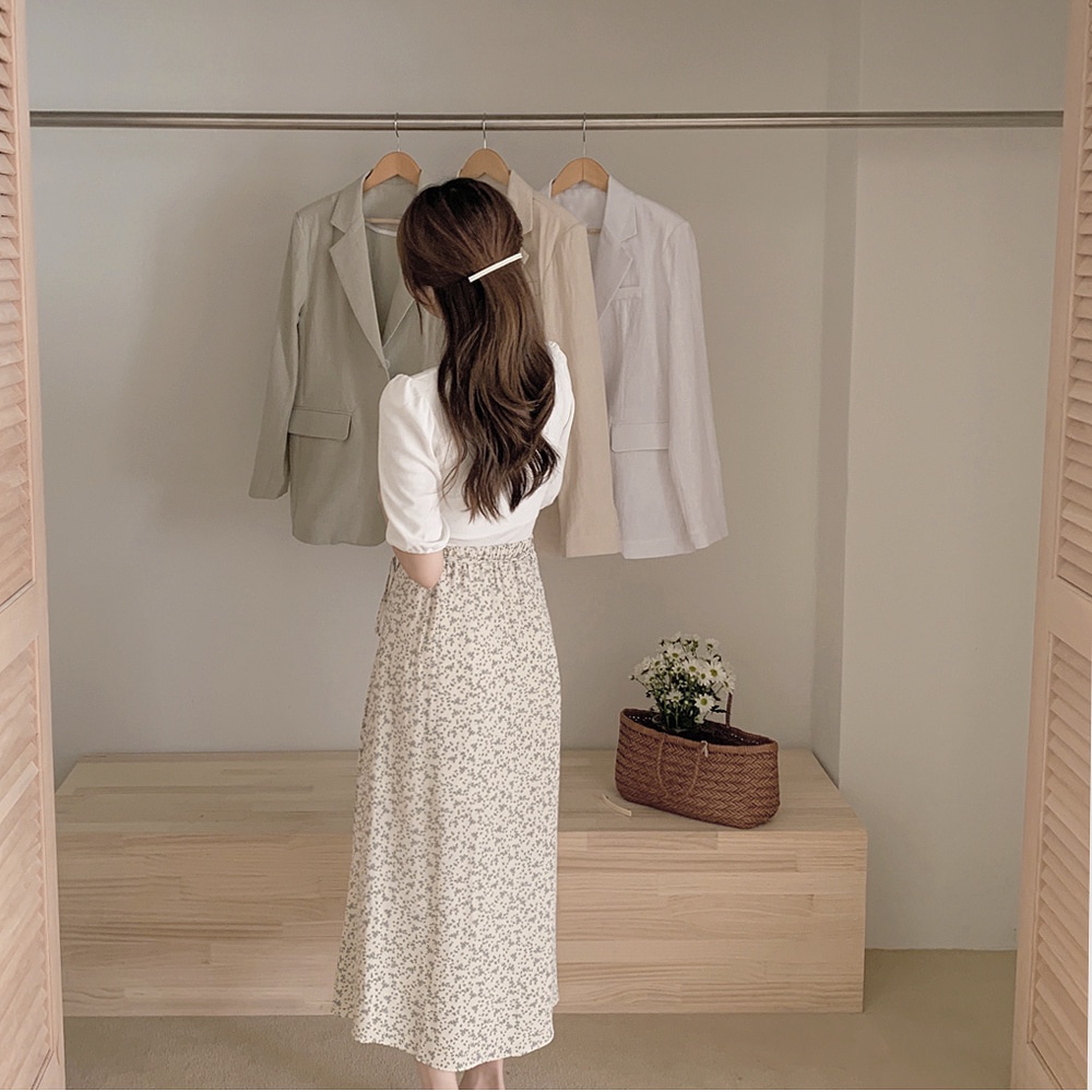 Bộ Áo Sơ Mi Cổ Chữ U + Chân Váy Midi Lưng Cao Dáng Ôm In Hoa Kiểu Vintage Hàn Quốc Đơn