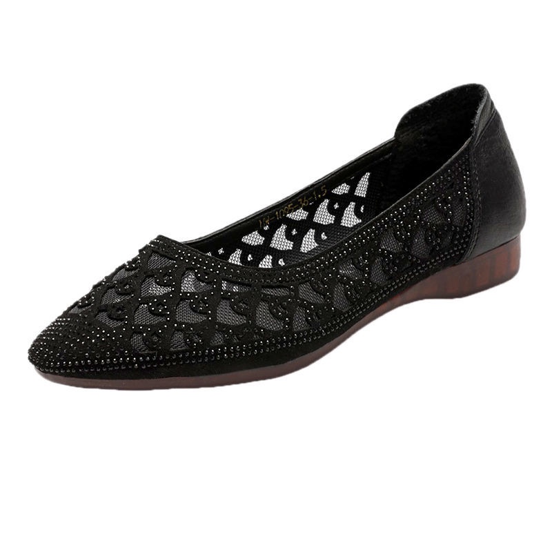 Giày búp bê da mềm phối lưới rỗng đế thấp thời trang xuân hè cho phụ nữ trung niên