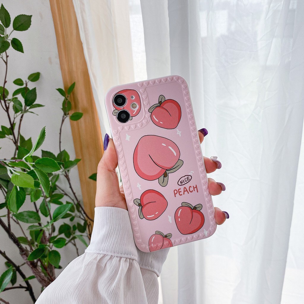 Ốp lưng iphone hình Trái Đào PEACH Viền tim nổi cạnh vuông D03 cho ip 7plus/8plus/x/xs/xsmax/11/12/pro/plus/promax