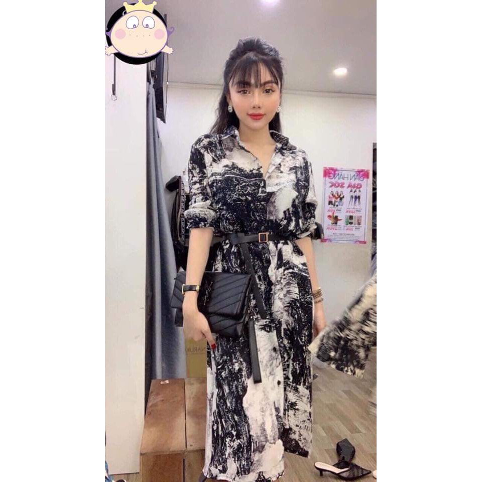 Váy Sơ Mi Dáng Dài Họa Tiết Lụa Loang Xinh Xắn