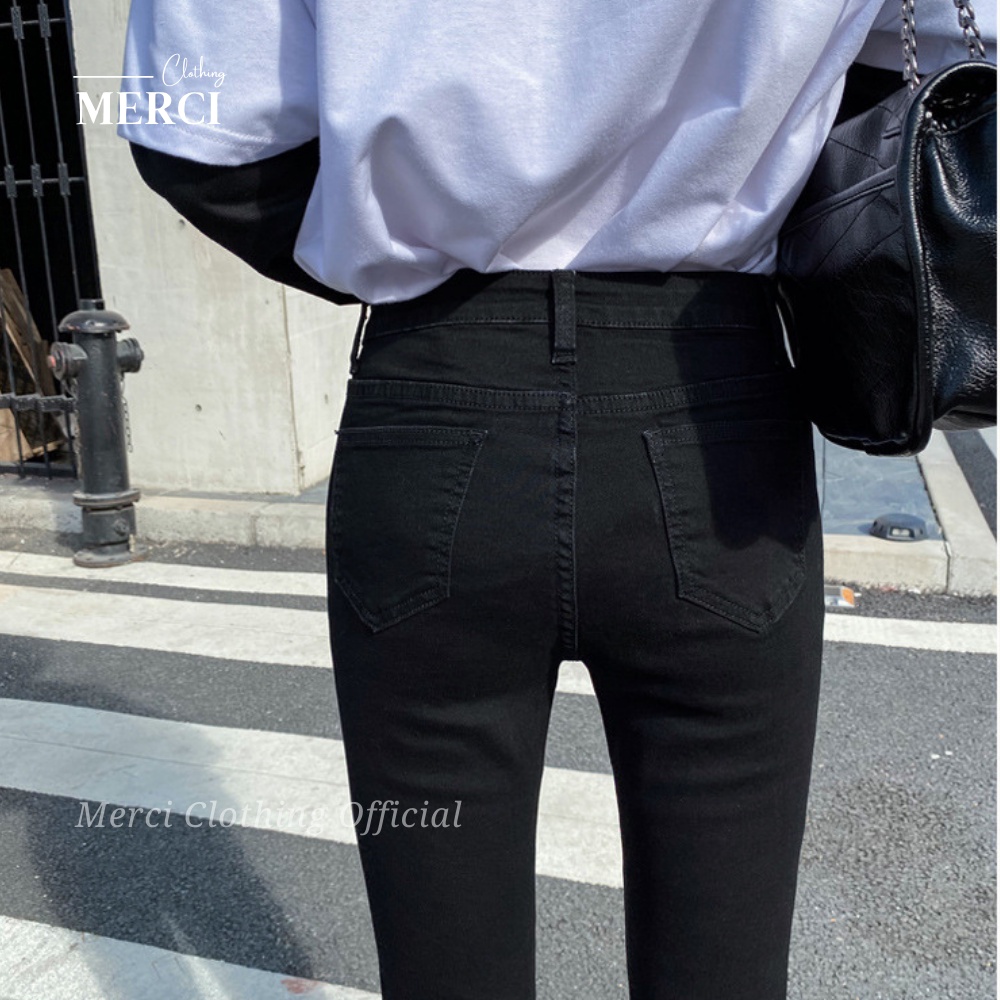 Quần Jean Ống Loe Dáng Dài Cạp Cao Phong Cách Ulzzang Hàn [Cao Cấp] Quần Bò Ống Loe Đen Trơn Co Giãn Thoải Mái Merci Q4V | BigBuy360 - bigbuy360.vn