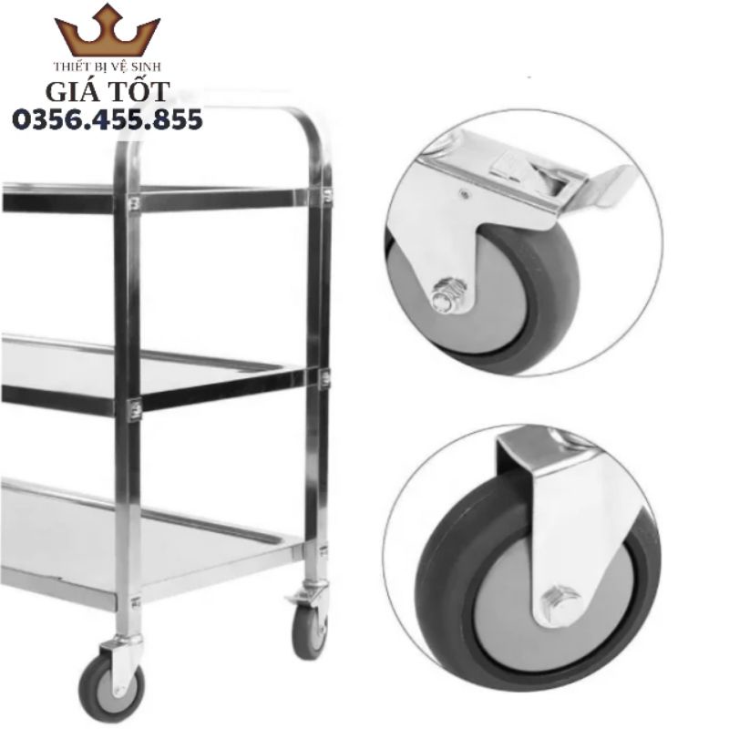 Xe đẩy inox 3 tầng dọn dẹp,dọn thức ăn nhà hàng khách sạn size 850*450*900mm