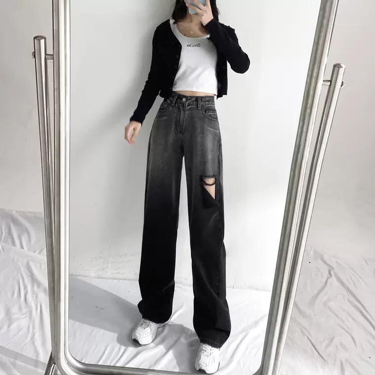 [ Ý TRỜI ] QUẦN JEAN ỐNG RỘNG NỮ LƯNG CAO LOANG MÀU XÁM RÁCH VẠT PHẢI CAO LAI CUỐN FORM SIÊU HOT CAO CẤP NITI SIÊU HOT