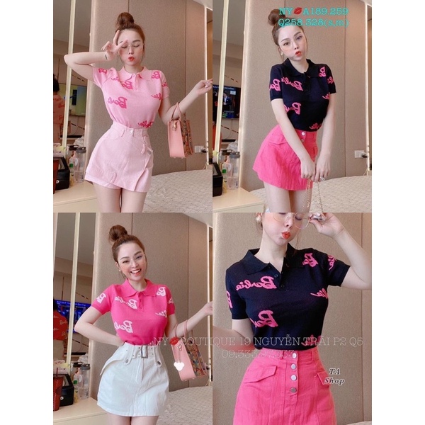 Áo polo len ngắn tay in nhiều chữ Barbie, Áo len cổ bẻ cài cúc AL8027 - NhiNhi Shop