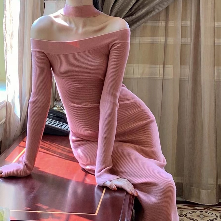 SUXI Đầm midi dệt kim tay dài hở vai màu trơn thời trang mùa thu mới cho nữ