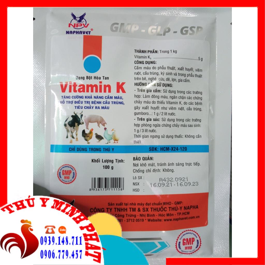 VITAMIN K GÓI 100g Cung cấp vitamin K, giúp cầm máu nhanh Dùng tốt khi cắt mỏ, cắt đuôi, thiến lợn, chó, mèo