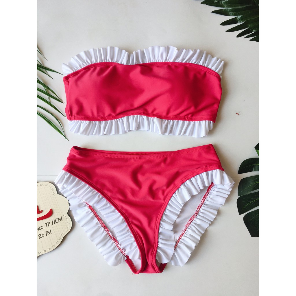 Bikini bộ bơi đồ bơi nữ 2 mảnh áo ống phối quần nhún bèo dễ thương EVA 2MBN