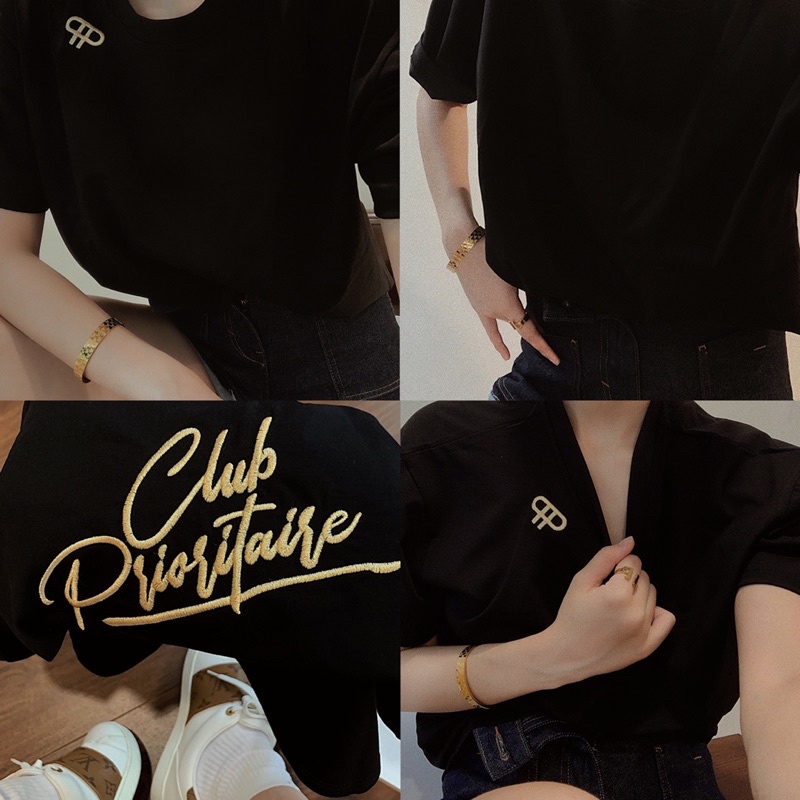 PRIORITY ClubPrioritaire T-shirt/ Áo thun đen thêu tinh xảo PRIORITY