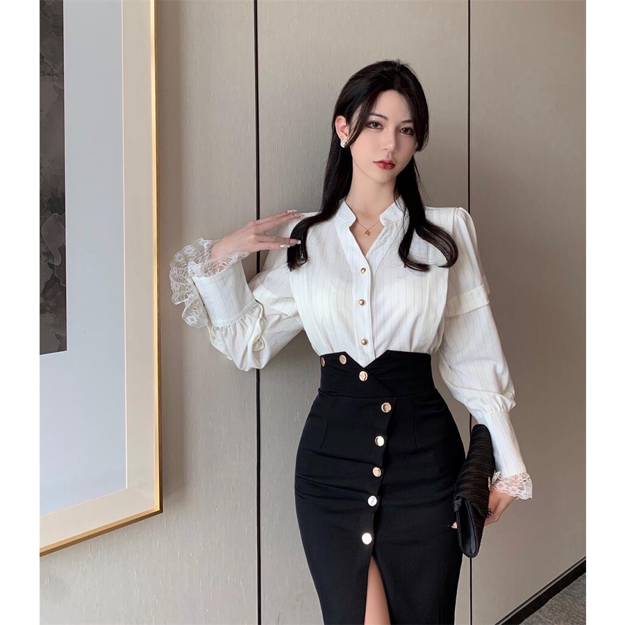 sét áo váy sơ mi công sở áo sơ mi cổ tàu chữ V phối cùng váy xẻ tà B536