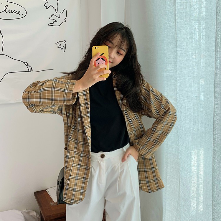 [CÓ SẴN] Áo khoác blazer nữ kẻ caro form rộng dài tay phong cách Hàn Quốc ulzzang | BigBuy360 - bigbuy360.vn