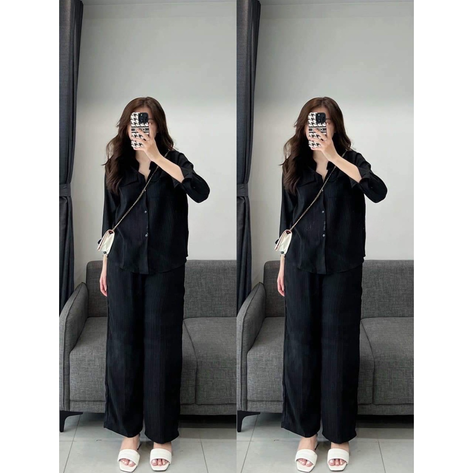 Sét bộ nữ sơ mi tay dài phối túi mix quần dài suông trẻ trung năng động