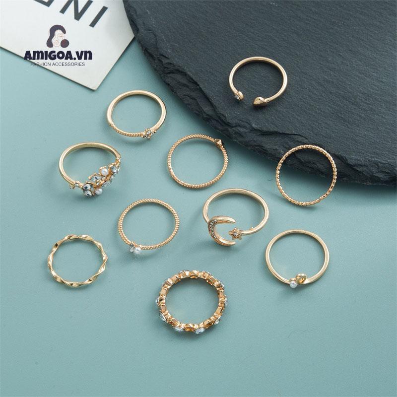 ✨✨set10 Nhẫn Đeo Tay Kim Loại Đính Đá Thời Trang Cho Nữ