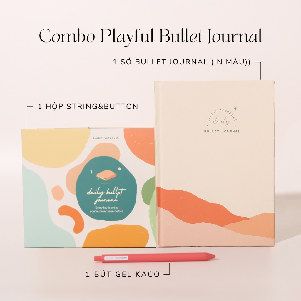 Combo Sổ Crabit Playful Daily Bullet Journal + 1 bút Kaco - Sổ trang trí in sẵn layout bullet journal 12 tháng, in màu