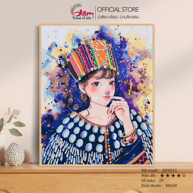 Tranh tô màu theo số cô gái dân tộc GAM nâng cấp bộ màu to 5ml đã căng khung AN4511