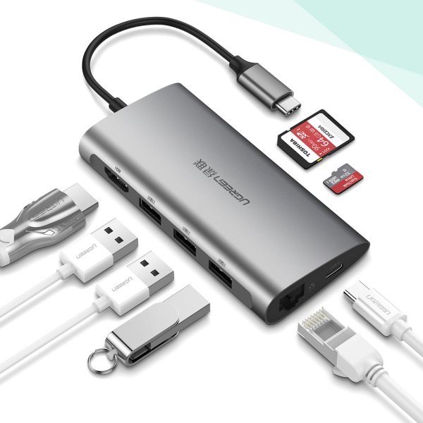 Cáp Chuyển Hub Ugreen 8 in 1 USB Type C Sang 3xUSB 3.0 + HDMI + RJ45 + SD,TF Ugreen 50538 Chính Hãng Việt Nam