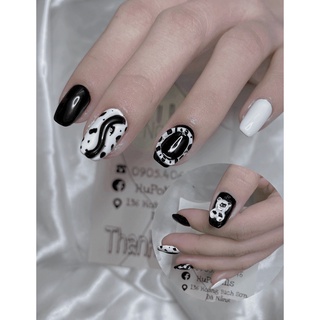 NAILBOX/Móng úp thiết kế Đen trắng charm gấu