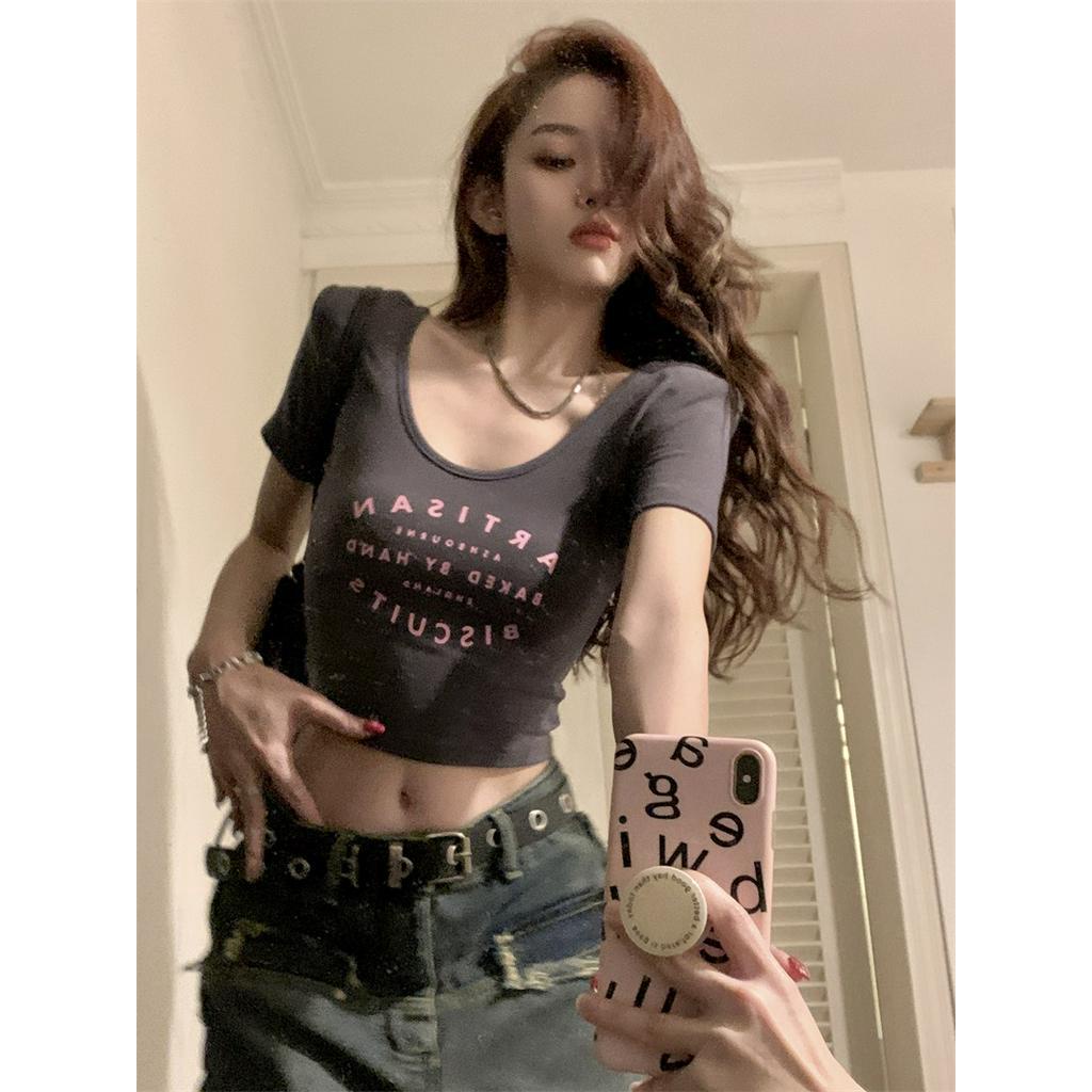 Áo Thun Cổ Chữ U Ngắn Tay In Chữ Phong Cách Mới 63696