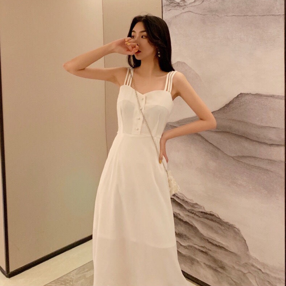Váy đầm 2 dây, đầm xuông - chất đũi lụa trơn basic nữ , hai màu trắng đen