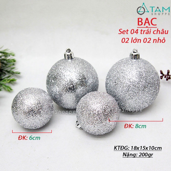 [PHỦ KIM TUYẾN] Set 4 Trái châu kim tuyến 8cm và 6cm cùng màu