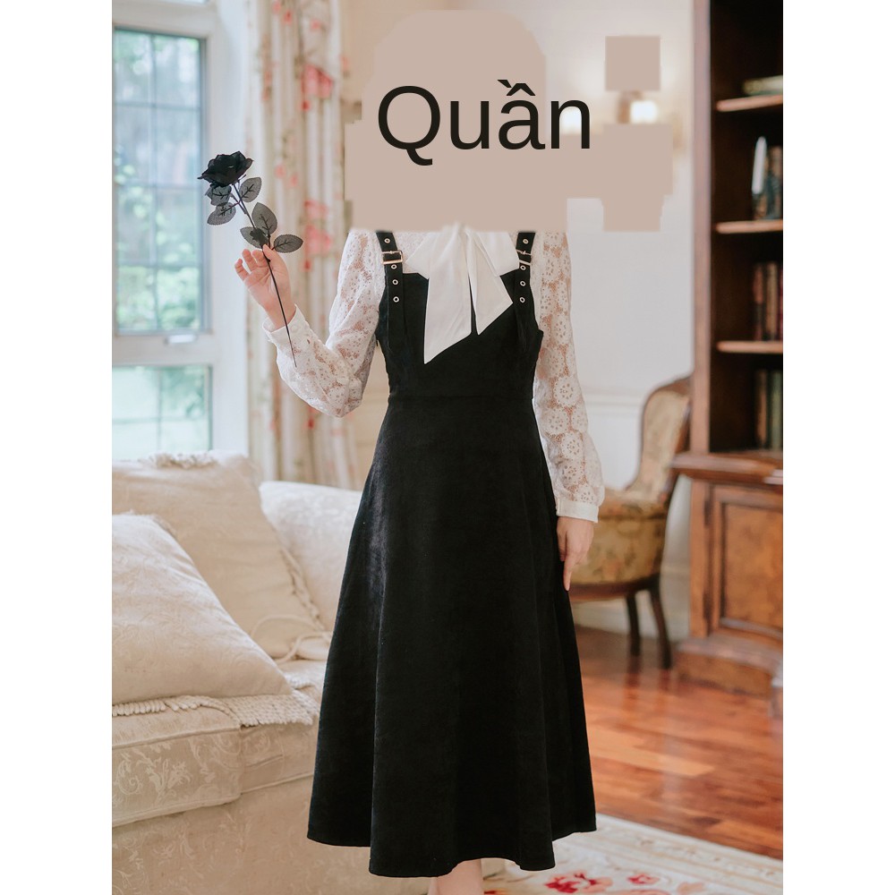 ▪☃☁Mùa thu và đông Pháp retro phong cách Hepburn màu đen dây buộc đáy có đeo thiết kế cảm giác thích hợp eo v ་