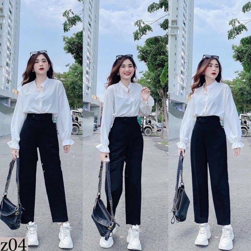 Quần baggy cúc lệch ống suông KH02, Quần tây khuy lệch lưng cao kiểu dáng công sở