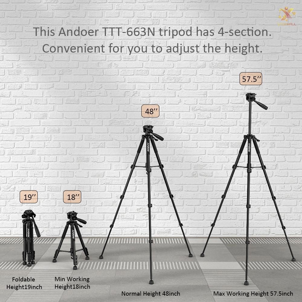 ET Andoer TTT-663N 57.5inch Travel Lightweight Camera Tripod for Photography Video Shooting Support DSLR SLR Camcorder with Carry Bag Phone Clamp Max.Load 3kg