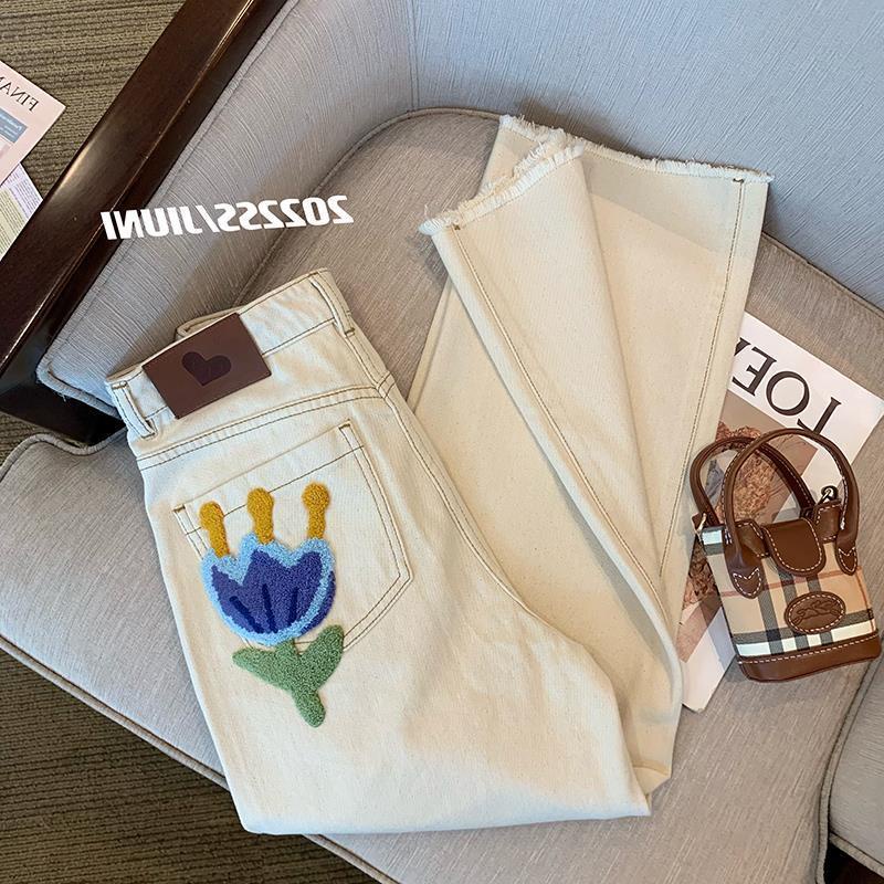 ●☃㍿Quần Jean Dài Ống Rộng Lưng Cao Thêu Họa Tiết Thời Trang Mùa Hè Phong Cách Retro Mới Cho Nữ